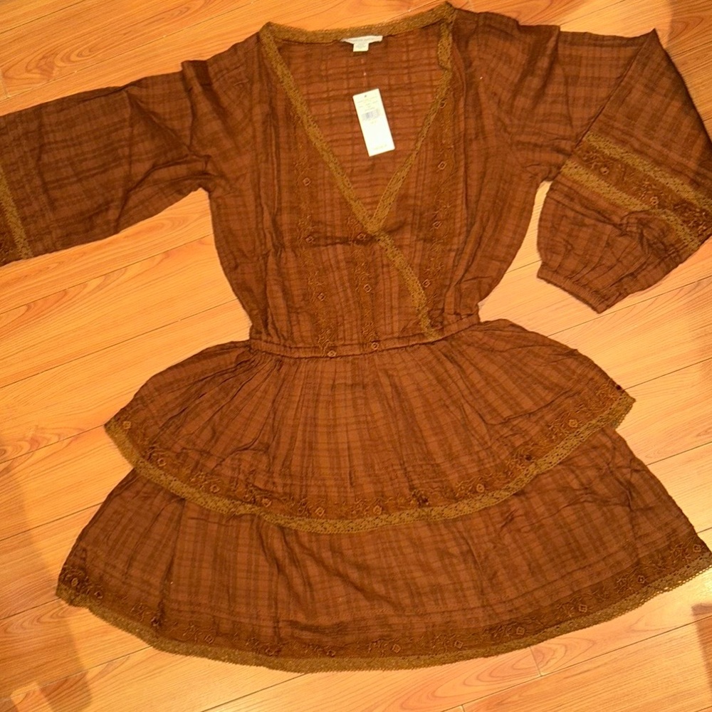 American Eagle cotton and lace mini dress in earthy brown.